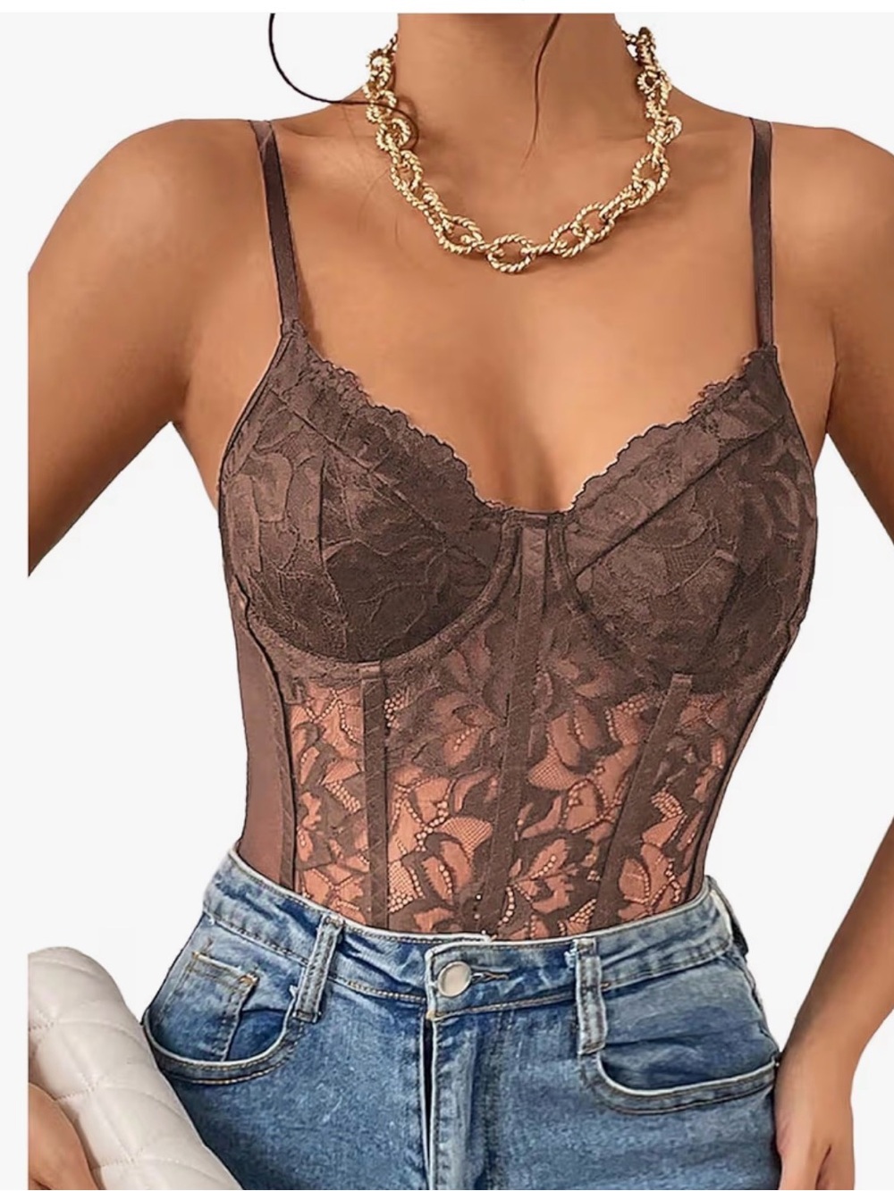 NWOT Brown Floral Lace Corset Bodysuit - Size XS